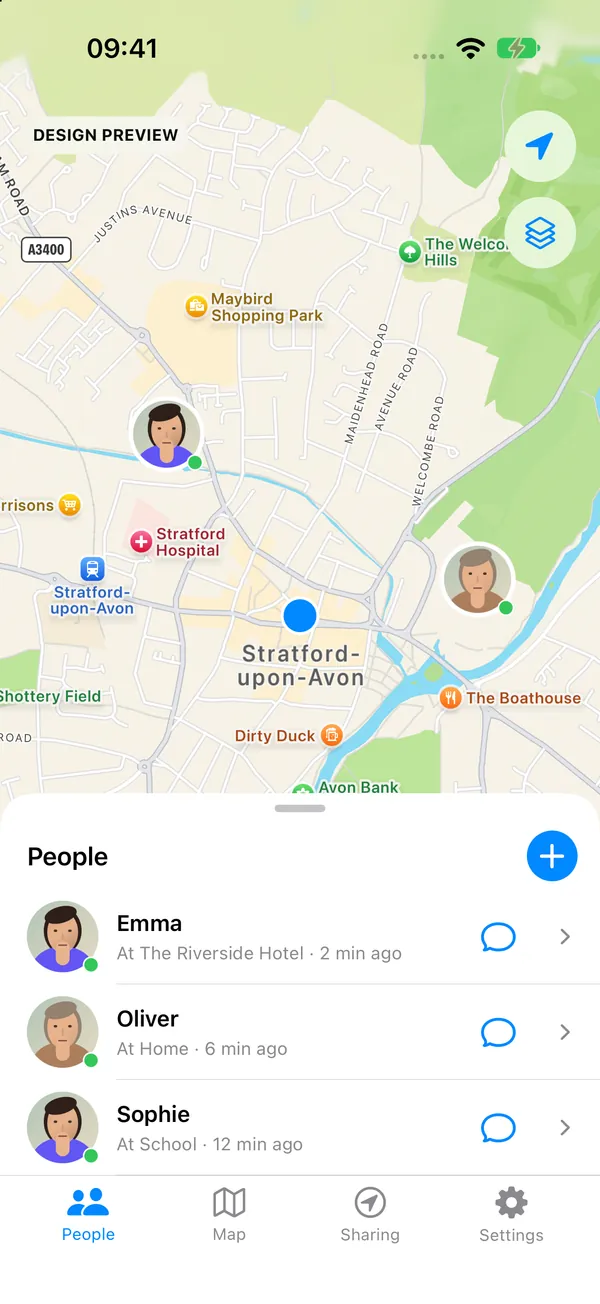 Together showing a map with a People list of family members and where they are